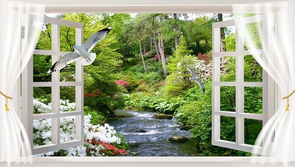 Mẫu tranh dán tường cửa sổ với hình ảnh thiên nhiên sống động
