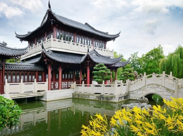Mẫu tranh phong cảnh kết hợp kiến trúc của văn hóa Trung Hoa