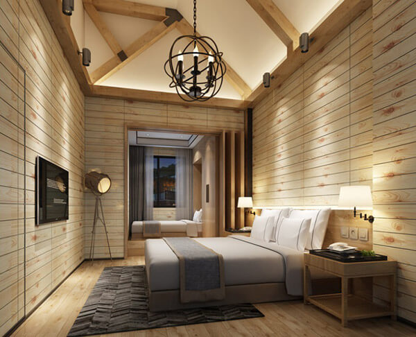 Không gian phòng ngủ ấm cúng với màu xốp dán tường kiểu vân gỗ