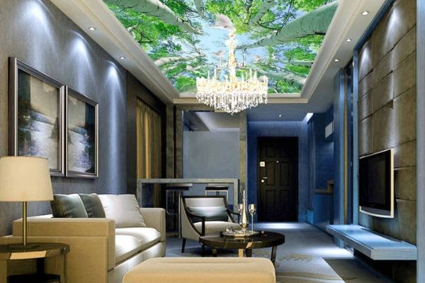 Phòng ngủ với sự kết hợp cùng tranh dán cây xanh tạo mang lại sự sâu lắng và tạo cảm giác thoáng đãng, rộng rãi hơn cho căn phòng